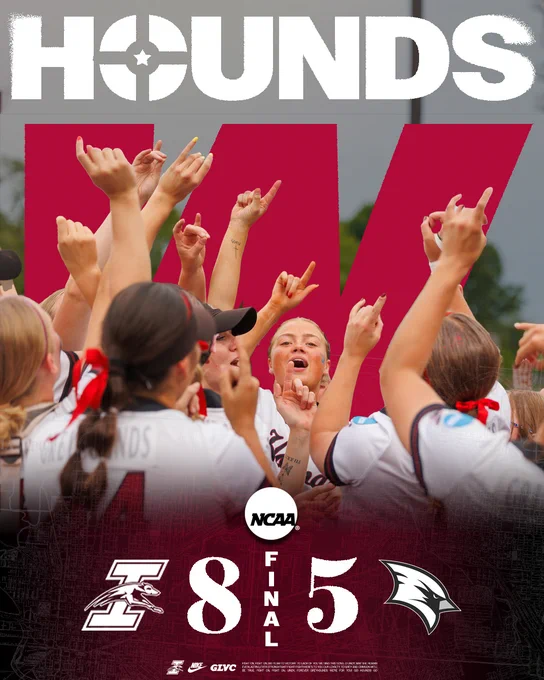 A graphic promoting UIndy softball’s 8-5 win versus Saginaw Valley in the NCAA DII Midwest Regional. The featured picture shows the Greyhounds celebrating the victory.