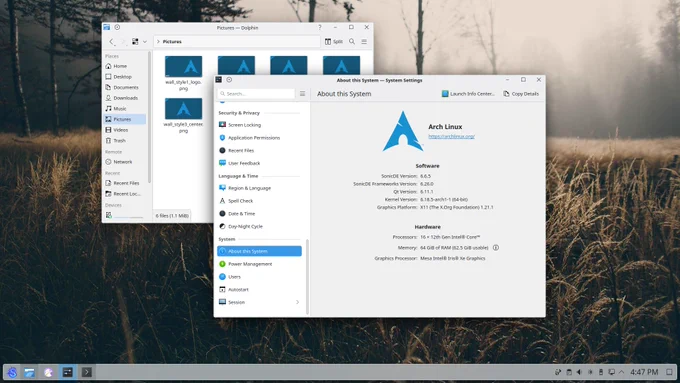 A screenshot of SonicDE running on Arch Linux.