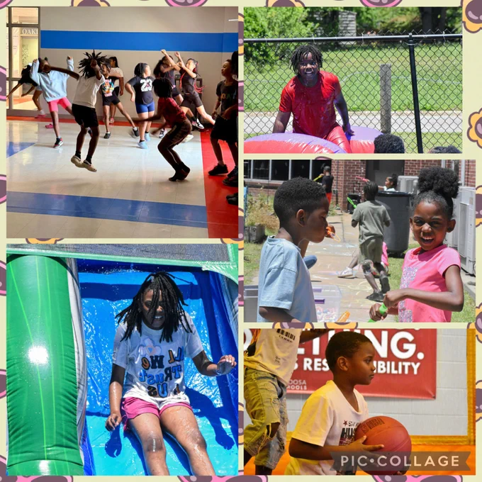 A collage of photos from Falcon Fun Day at Oakdale Elementary School showing students enjoying a variety of outdoor activities and celebrations. Several students are gathered in the school garden area blowing bubbles, drawing colorful chalk art on the pavement, and laughing with friends. Other photos show students climbing, sliding, and playing together on the playground under sunny skies. Additional pictures capture groups of students dancing and smiling during music and dance activities. Some students are enjoying cups of colorful Italian ice while sitting with classmates and cooling off outside. Other images show students splashing and sliding down large inflatable water slides and jumping excitedly inside bright bounce houses. Throughout the collage, students appear joyful, energetic, and engaged while participating in Falcon Fun Day activities filled with fun, friendship, and celebration.