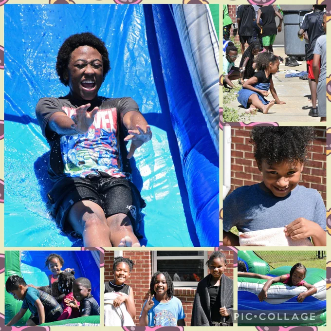 A collage of photos from Falcon Fun Day at Oakdale Elementary School showing students enjoying a variety of outdoor activities and celebrations. Several students are gathered in the school garden area blowing bubbles, drawing colorful chalk art on the pavement, and laughing with friends. Other photos show students climbing, sliding, and playing together on the playground under sunny skies. Additional pictures capture groups of students dancing and smiling during music and dance activities. Some students are enjoying cups of colorful Italian ice while sitting with classmates and cooling off outside. Other images show students splashing and sliding down large inflatable water slides and jumping excitedly inside bright bounce houses. Throughout the collage, students appear joyful, energetic, and engaged while participating in Falcon Fun Day activities filled with fun, friendship, and celebration.