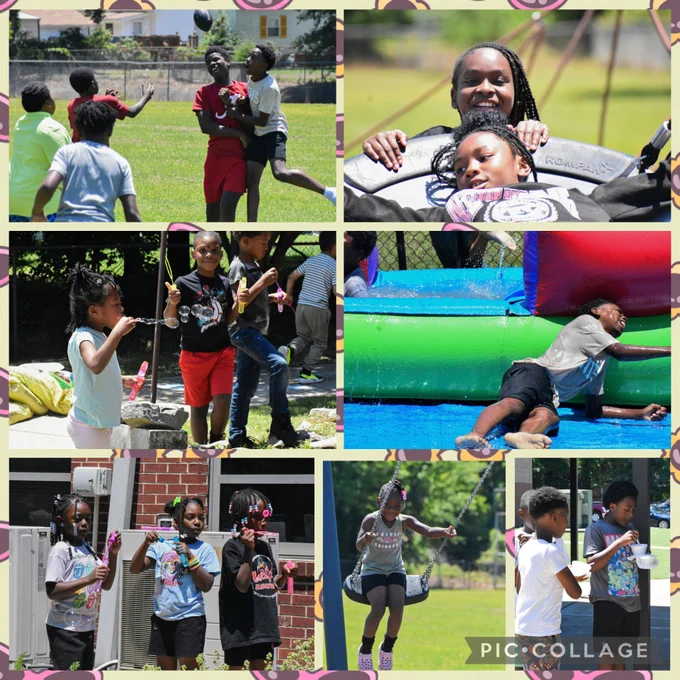 A collage of photos from Falcon Fun Day at Oakdale Elementary School showing students enjoying a variety of outdoor activities and celebrations. Several students are gathered in the school garden area blowing bubbles, drawing colorful chalk art on the pavement, and laughing with friends. Other photos show students climbing, sliding, and playing together on the playground under sunny skies. Additional pictures capture groups of students dancing and smiling during music and dance activities. Some students are enjoying cups of colorful Italian ice while sitting with classmates and cooling off outside. Other images show students splashing and sliding down large inflatable water slides and jumping excitedly inside bright bounce houses. Throughout the collage, students appear joyful, energetic, and engaged while participating in Falcon Fun Day activities filled with fun, friendship, and celebration.