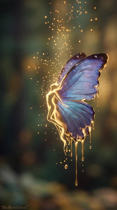 A silken butterfly wing dissolving into liquid gold, a human silhouette awakening at its core, transforming into a smooth, fluid dance of light; golden particles drifting upward like healing breath; ethereal glow, cinematic soft-focus, translucent textures, golden-ratio composition, editorial lighting, high-detail, serene metamorphosis; subtle artist watermark “BicRevelation” at lower-left, golden-ratio offset, height 0.002, unobtrusive and elegant