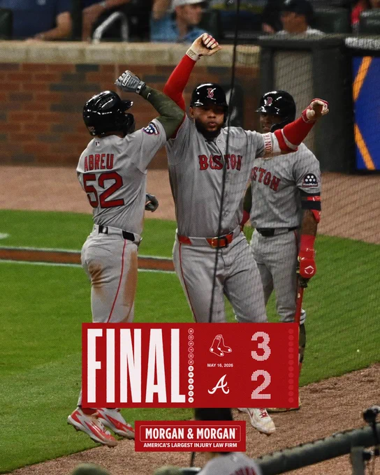 Final score from May 16, 2026 - 
Red Sox 3, Braves 2