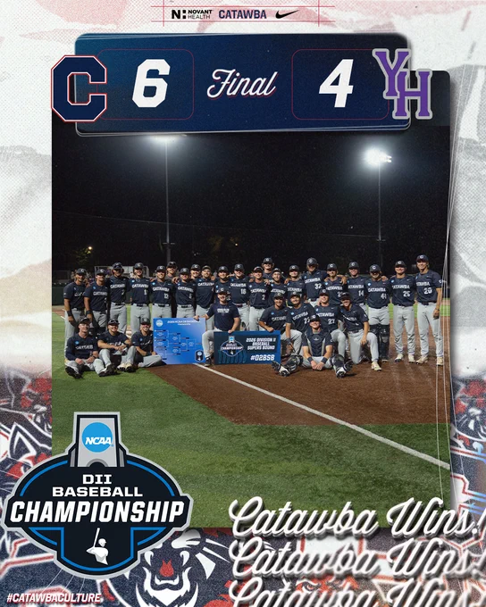 Graphic depicting Catawba Baseball's 6-4 win over Young Harris in the NCAA Regional to advance to the Super Regional. Pictured is the team.