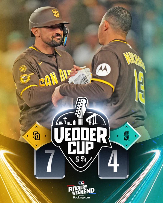 Final Score Graphic 05/16/2026
Vedder Cup
Padres 7, Mariners 4
Rivalry Weekend Presented by Booking.com
Pictured: Nick Castellanos shakes hands with Manny Machado after hitting a home run. They both wear brown Padres jerseys and Castellanos wears a brown batting helmet.