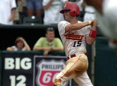 Iowa State batter Rob Conway smiles as he hits a single that drove home two runs for the victory over Baylor at the Big 12 tournament in Oklahoma City, Thursday, May 17, 2001. AP Photo/J.Pat Carter