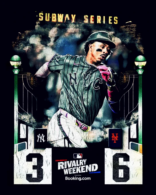Final Score Graphic 5/16/2026
Rivalry Weekend Presented by Booking.com
New York Yankees 3, New York Mets 6
Pictured: Mark Vientos running. He wears a pinstriped gray New York Mets City Connect jersey with black and purple lettering and a black batting helmet.