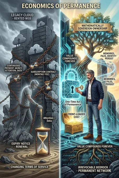 A split-world illustration contrasting two economies. On the left: a figure chained to crumbling corporate servers, sand draining through an hourglass, paying continuously in money, attention, and data
expiry notices, changing terms, renewal demands. On the right: a figure holding a single golden key to a mathematically sovereign lock. A tree grows from an irrevocable permanent network. Value compounds forever. Memories, files, and identity persist  no renewal required. One-time act of permanence.