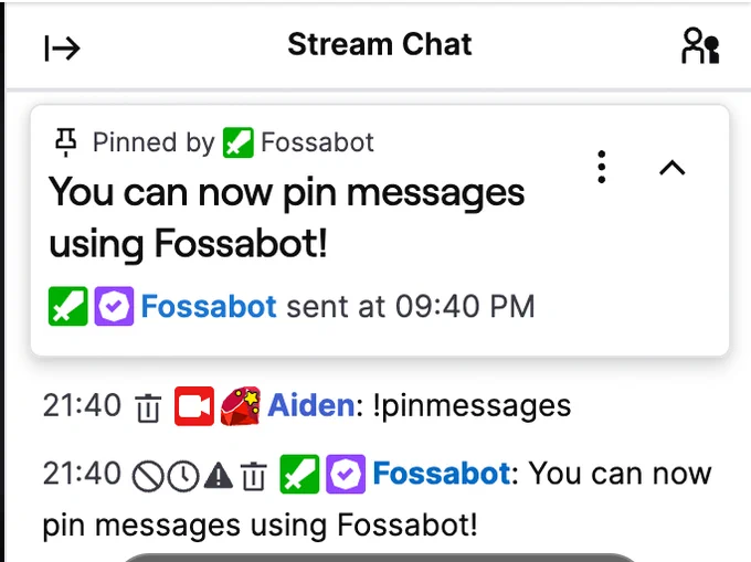Example of the pinned message being sent in Twitch chat.