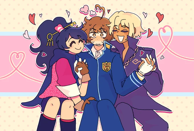 art of kay faraday, eustace winner, and klavier gavin from the game series ace attorney. eustace is wedged between kay and klavier, who are holding his hands on either side, snuggling up to him as hearts float from them. eustace stares directly at the camera, extremely flustered and overheating.