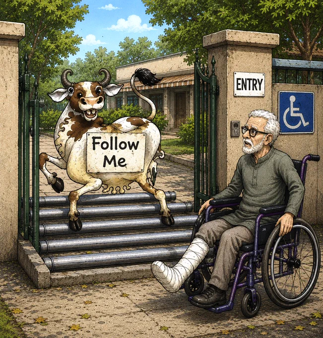 An illustration showing an elderly man in a wheelchair with a leg cast looking perplexed at an accessible "Entry" gate. The ramp is completely blocked by a metal cattle grid grid, while a cartoon cow with a "Follow Me" sign easily walks across it. A wheelchair accessibility sign is mounted on the wall.