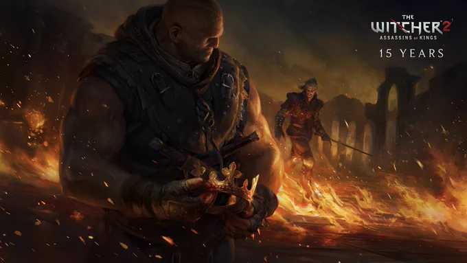 Digital painting of Letho of Gulet at night. Surrounded by flames, he clutches a crown in his hands and looks back over his left shoulder at Geralt of Rivia, who circles him with sword drawn. The Witcher 2: Assassins of Kings logo is printed in the top right corner.