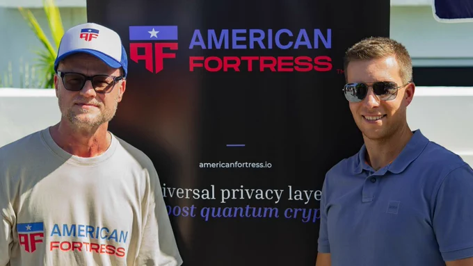 Mehow Poszpieszalski, AmericanFortress founder, in front of the AmericanFortress banner at fractl Miami VCs and LPs Cocktail Hour