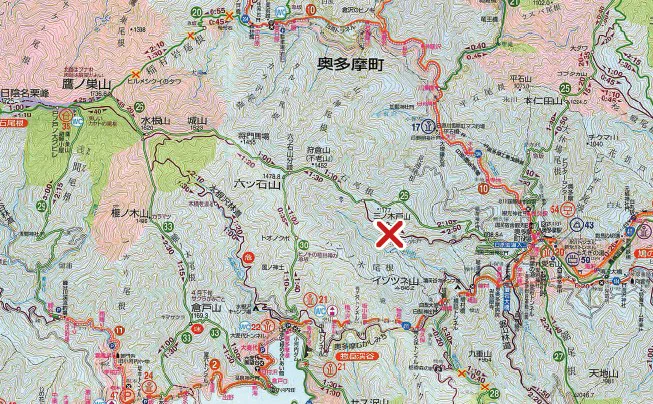 事故発生場所の地図。
奥多摩町境・小中沢林道終点付近（三ノ木戸山周辺）。