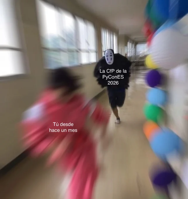 No-Face mask labelled "CfP PyConES 2026" chases a blurry person, a joke about the urgency of submitting proposals.