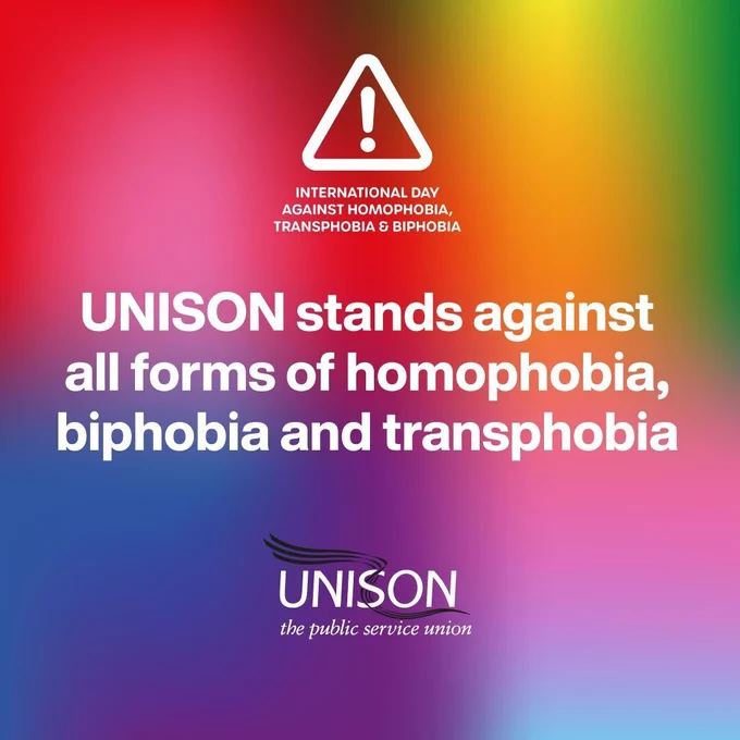 Rainbow background - International Day Against Homophobia, Biphobia and Transphobia. Unison stands against all forms of homophobia, biphobia and transphobia #IDAHOBIT