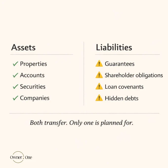 Liabilities don't wait for the funeral to arrive.
Capital founders tend to think about what they will leave behind in terms of assets. Accounts, properties, companies, portfolios.

What they rarely document is the other side of the ledger.

Guarantees given to business partners. Shareholder agreements with buyback clauses. Options that trigger on death or incapacity. Loans with covenants tied to the founder's personal involvement.

These are not uncommon. They are standard elements of any active business life. But the family rarely knows they exist — let alone how to respond when the lender or counterparty arrives with a claim.