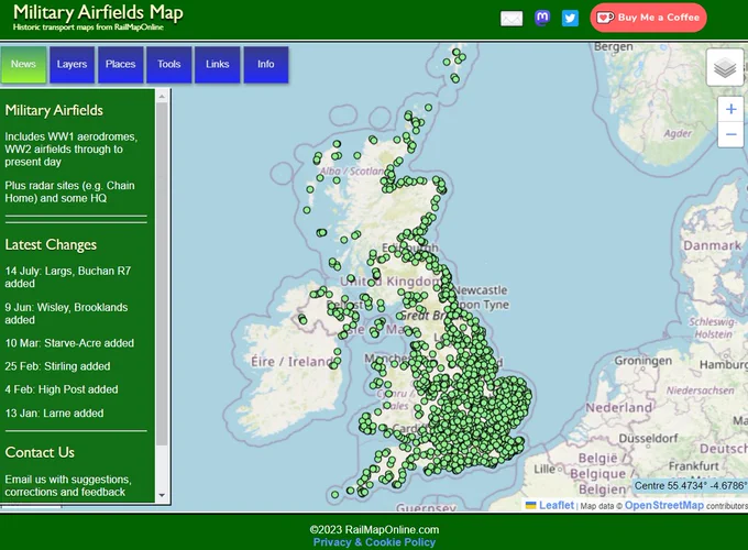 Map of historic military airfields in the UK and Ireland, including associated infrastructure such as radars, storage and HQs.