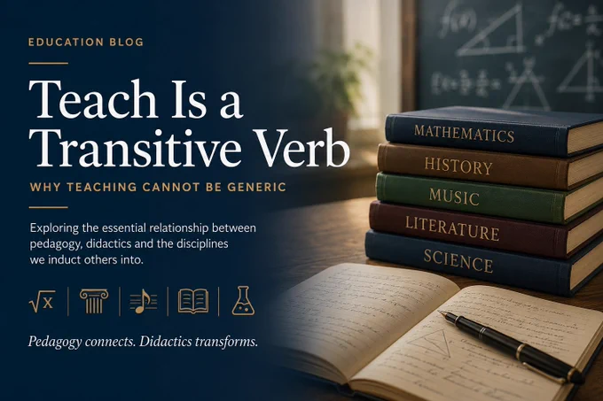 Banner image for the blog “Teach Is a Transitive Verb”, featuring books representing different academic disciplines beside an open notebook, symbolising the relationship between pedagogy, didactics and subject-specific teaching.