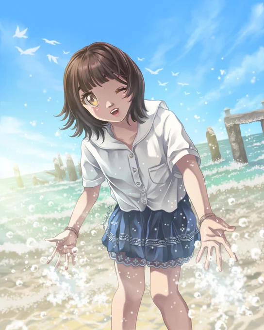 A shoulder-length short-haired woman wearing a white shirt and a blue skirt is playing in the sea during summer under a bright blue sky. Art by Jocatchstar