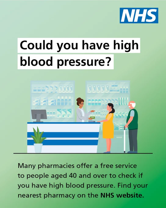 Illustration of people queuing at a pharmacy. Text reads: 'Could you have high blood pressure? Many pharmacies offer a free service to people aged 40 and over to check if you have high blood pressure. Find your nearest pharmacy on the NHS website.'