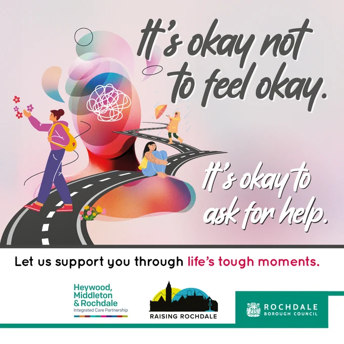 This image contains a supportive message that states, "It's okay not to feel okay. It's okay to ask for help." At the bottom, logos for "Heywood, Middleton & Rochdale Integrated Care Partnership," "Raising Rochdale," and "Rochdale Borough Council" are displayed. The central illustration shows a person walking on a path with flowers, while another person is sitting thoughtfully. The background features abstract shapes and soft colors.