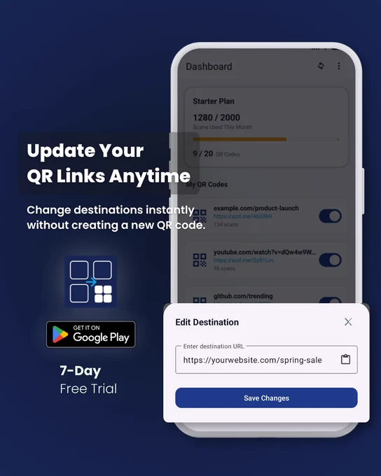 ALT TEXT:

Promotional image for the DynamicQR app with a dark premium gradient background and a large smartphone mockup displaying a QR management dashboard. Floating edit modal shows updating a QR destination link. Headline reads “Update Your QR Links Anytime.” The design highlights editable QR functionality, dynamic links, and dashboard control with a clean SaaS-style layout.

