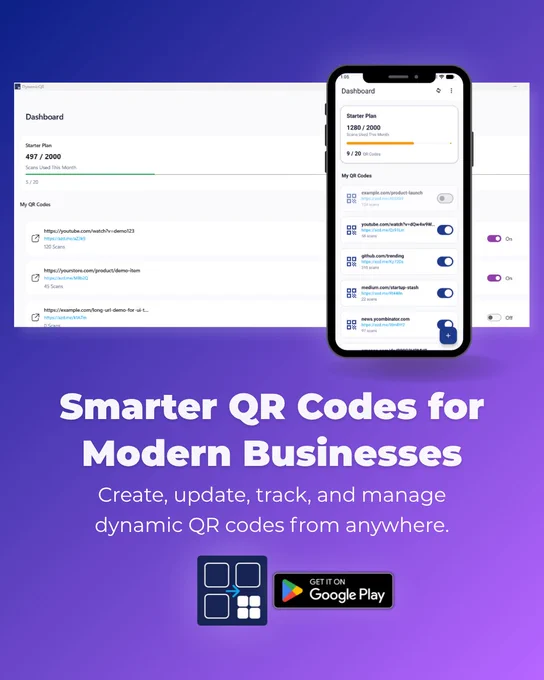 ALT TEXT:

Premium purple-themed promotional graphic for the DynamicQR platform featuring desktop and mobile dashboard interfaces with a modern SaaS-style layout. Large headline says “Smarter QR Codes for Modern Businesses.” The design showcases editable QR management, scan tracking, smart short links, and cross-device access with clean typography and modern branding.
