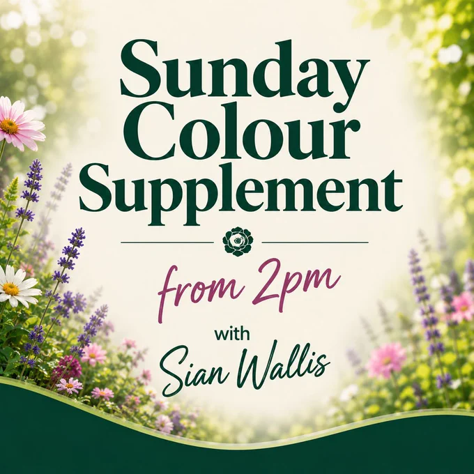 Square promotional graphic for the Sunday Colour Supplement featuring a soft floral garden background with pink, white and purple flowers around the edges. Large dark green text reads “Sunday Colour Supplement” with smaller script text underneath saying “from 2pm with Sian Wallis.” The design has a bright springtime feel with a gentle blurred background.