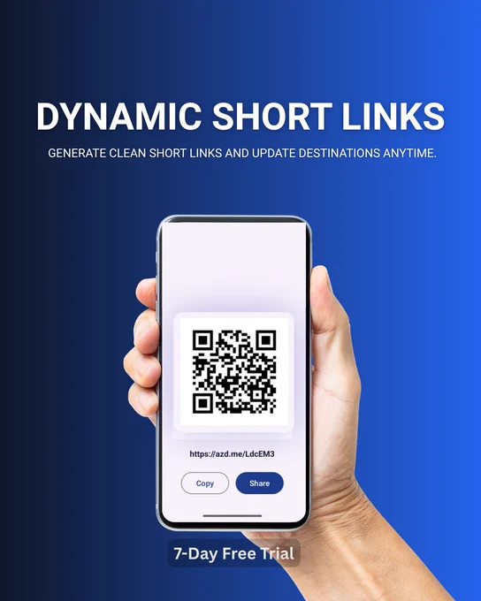 ALT TEXT:

Modern promotional graphic for the DynamicQR Android app featuring a blue gradient background with a hand holding a smartphone displaying a QR code and dynamic short link. Large headline says “Dynamic Short Links.” Floating QR card and short URL emphasize smart QR link management. Includes a clean SaaS-style layout with 7-day free trial and Google Play branding.
