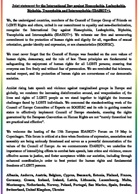 Joint statement for the International Day against Homophobia, Lesbophobia, Transphobia and Intersexphobia (IDAHOT )