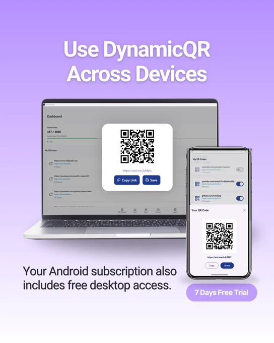 ALT TEXT:

Purple-themed promotional graphic for the DynamicQR app showing both desktop and mobile dashboard interfaces. A laptop and smartphone display QR management screens with a floating QR edit modal. Headline reads “Access DynamicQR on Desktop Too.” The design highlights cross-device access, desktop support, and dynamic QR management in a modern SaaS-style layout.

