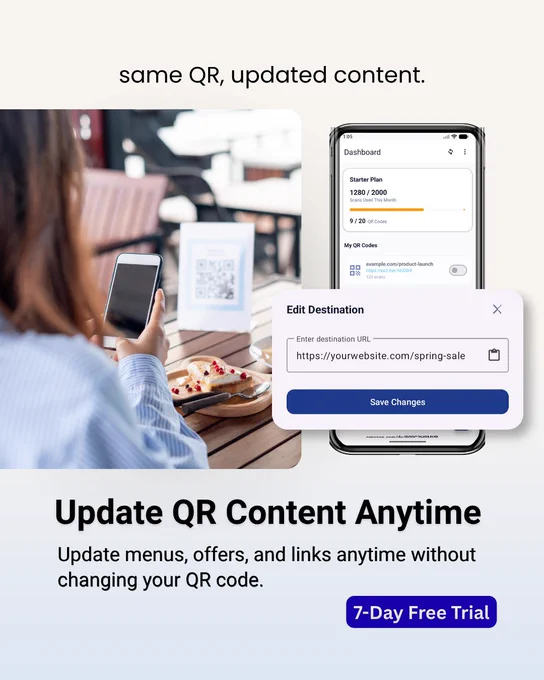 ALT TEXT:

Warm café-style promotional graphic for the DynamicQR app featuring a table menu QR setup and a smartphone dashboard interface. A floating edit modal visually connects real-world QR usage with editable content updates. Headline reads “Update QR Content Anytime.” The design highlights dynamic QR updates for menus, promotions, and business use cases in a modern SaaS-style layout.
