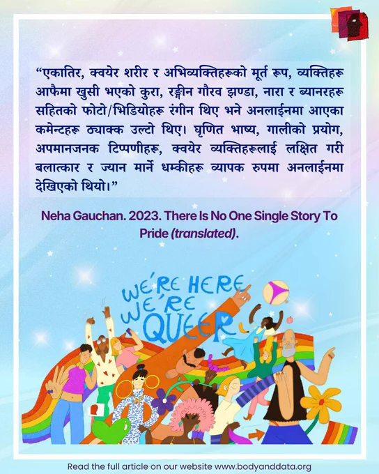 A light blue and lavender gradient blog graphic from bodyanddata.org. The top right corner features a red illustrated logo of a person's profile. The main body contains a bold Nepali language quote in dark navy text about online spaces during Pride — describing how photos and videos of colorful Pride flags, banners, and joyful queer people were met with hateful comments, slurs, and threats of rape and death targeting queer individuals. Below the quote, an attribution in teal reads: "Neha Gauchan. 2023. There Is No One Single Story To Pride (translated)." The lower half features a vibrant illustrated scene of diverse people of different ages, skin tones, and gender expressions celebrating together in front of a rainbow flag, with the words "WE'RE HERE WE'RE QUEER" written in blue. At the bottom, small text reads: "Read the full article on our website www.bodyanddata.org."