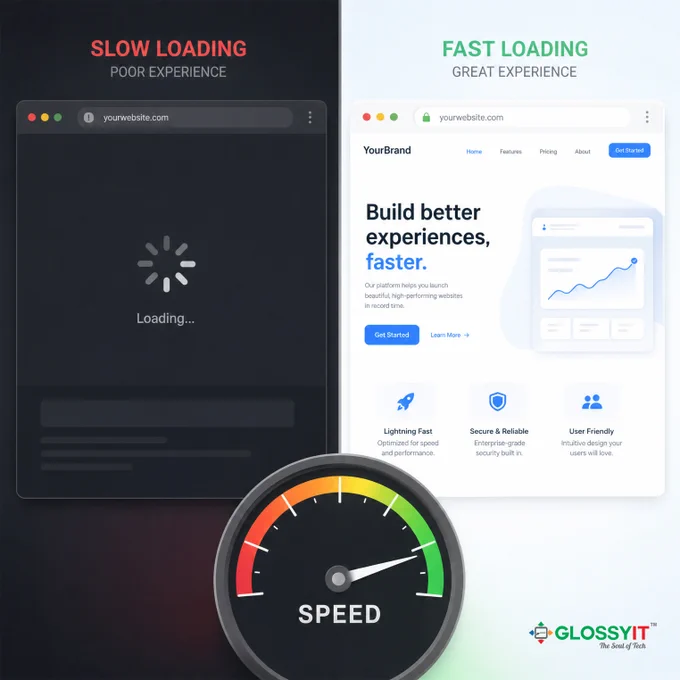 Split screen. Left side shows slow loading website with spinner. Right side shows fast loading clean UI. Add speed meter graphic overlay.