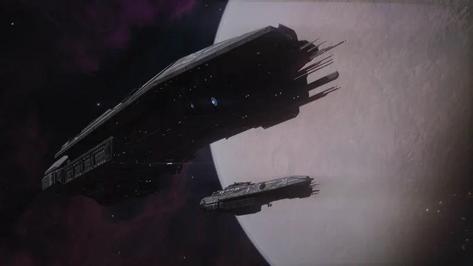 A pair of Ankara-class Escort Carriers seen stationed over a Venusian greenhouse world. The two ships, the UNSC White Noise and UNSC Forgotten Purpose, were originally deployed as part of a prospective colony support operation, with the intent of supplying research and development teams working below on the planet. Surface infrastructure capable of supporting human habitation under high pressure and heat would be manufactured aboard the Ankara's fabrication bays, and delivered as quick-assembled modular habs.

The operation was cut short before the colony itself could become self-sustaining, due to the unfortunate arrival of a Covenant scouting element in-system. All personnel were safely evacuated before any engagement could ensue; however, all future UEG efforts to investigate colonization of greenhouse worlds was abandoned until post-war resource allocation made it feasible again.