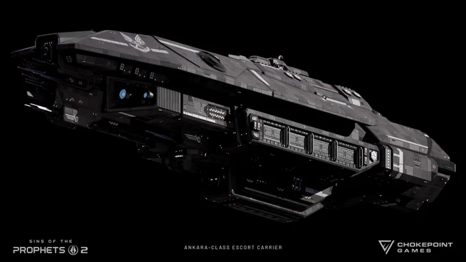 Perspective render of a Ankara-class Escort Carrier, seen from below and broad on the port bow.