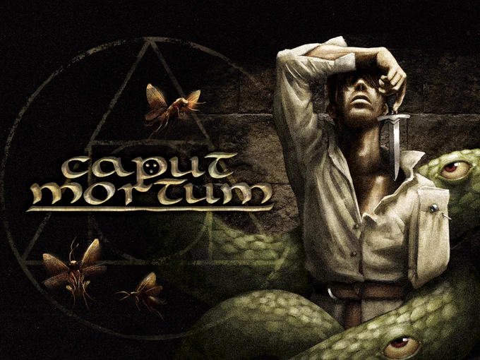 "Caput Mortum" Cockroaches fly around the logo to the left of a man holding a dagger near his face. An enormous snake with eyeballs on its body wrap around him.