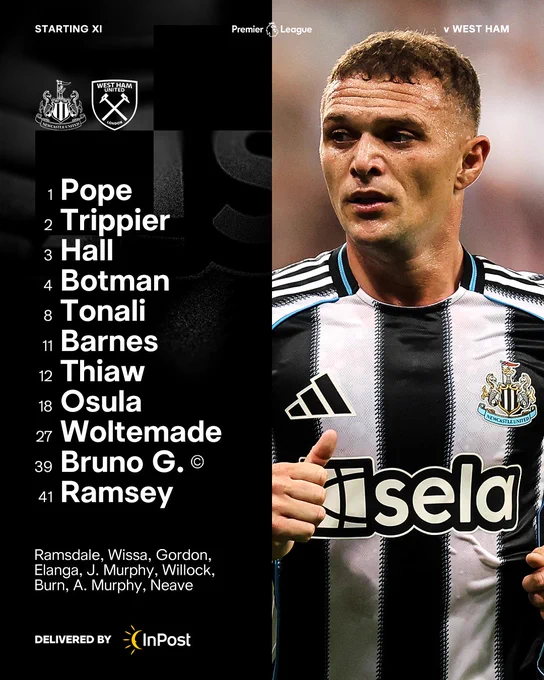 Team v West Ham United: Pope, Trippier, Hall, Botman, Tonali, Barnes, Thiaw, Osula, Woltemade, Bruno G. (C), Ramsey. 