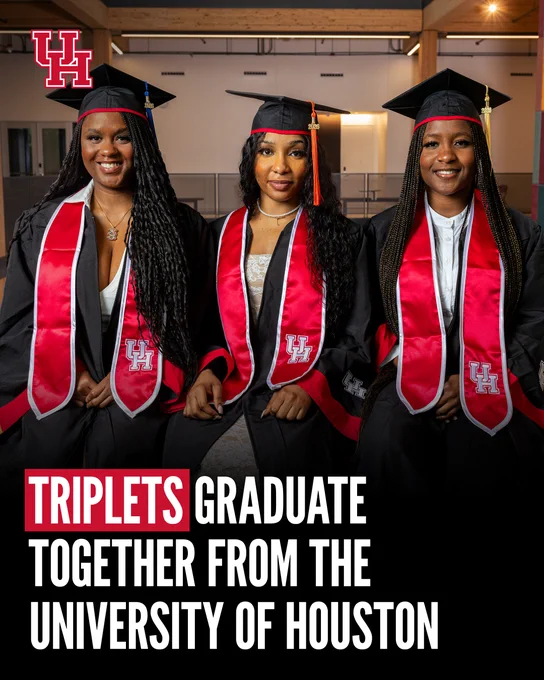 Three University of Houston graduates in caps and gowns smile under text reading, “Triplets graduate together from the University of Houston.”