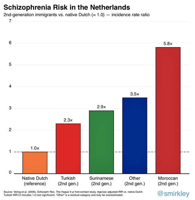 Moroccan 2nd-gen: 5.8× schizophrenia risk vs. native Dutch. Source: Veling et al. (2006), The Hague @smirkley