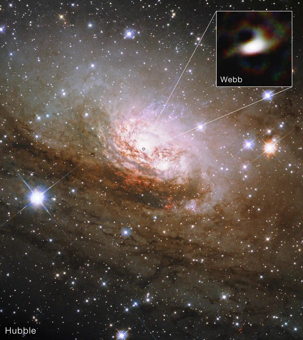 Hubble image of the Circinus galaxy, a spiral galaxy 13 million light-years away, with a JWST close-up inset of its center. The JWST view, using special interferometry mode, shows the glowing inner edge of the dusty ring feeding the supermassive black hole. Darker patches are the thicker outer parts of the ring.