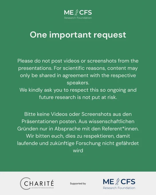 The image shows a green background with white text stating "One important request" and requesting that viewers do not post videos or screenshots from the presentations, as the content may only be shared with permission from the respective speakers.