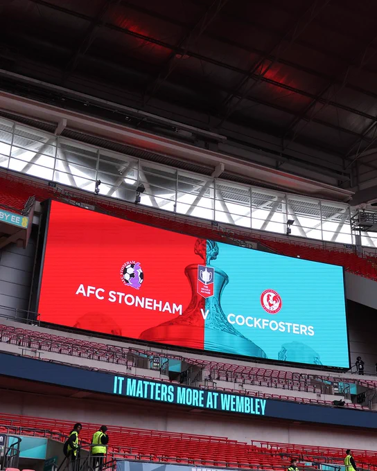 The big screen at Wembley Stadium displaying AFC Stoneham v Cockfosters in the Isuzu FA Vase Final ahead of kick-off.