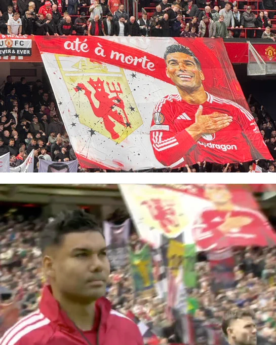 A split image, with the top half showing Casemiro’s special banner in the Stretford End, and the bottom half showing Casemiro walking out ahead of kick off with the banner behind.