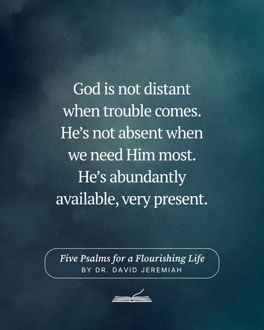 A spiritual quote about God's presence during difficult times, set against a calming blue-green background. It communicates reassurance and hope.