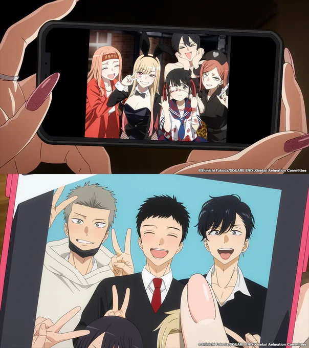 Two images from My Dress-Up Darling Season 2. The top image features a phone with a photo on screen of Rune, Marin, Nowa, Kensei, and Daia dressed in Halloween costumes, posing and smiling. The bottom image features a phone with a photo on the screen of Kouki, Gojo, and Kensei posing and smiling. 