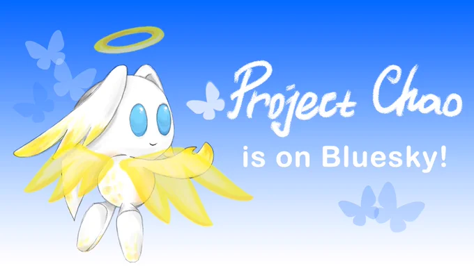 [ID: A Hero Chaos Chao aka Angel Chao with yellow markings instead of pink and big semi-transparent golden wings and halo. Their back is facing the viewer and they're looking to the side at a white Bluesky butterfly, smiling a tiny smile. The text by them reads "Project Chao is on Bluesky!". Both the Chao and the text are surrounded by Bluesky logo butterflies. The background is a white-to-blue gradient. End ID.]