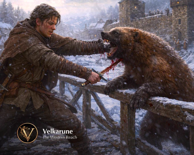 Velkarune Aldric Veynor fights wolverine-bear