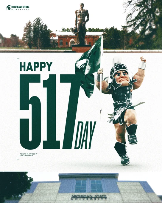 Image reads "Happy 517 Day" and features Sparty mascot running with a Michigan State Flag.